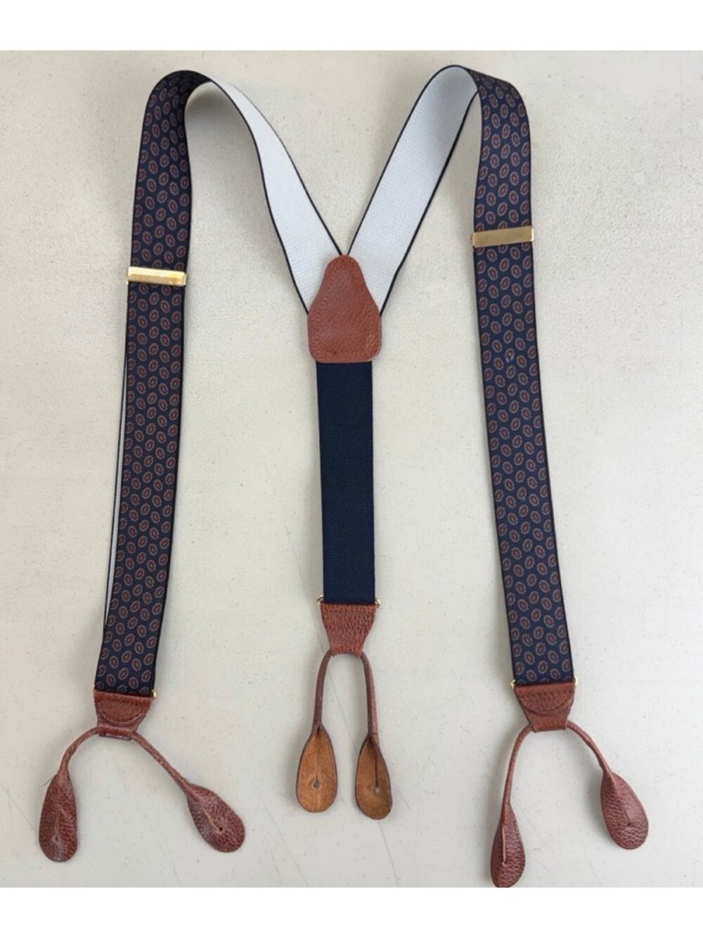 Vintage Medallion Pattern Navy Blue Suspenders 70s Adjustable One Size Fits Most